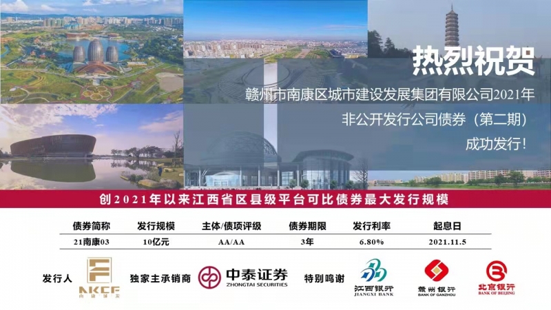 熱烈祝賀！南康城發(fā)集團2021年非公開(kāi)發(fā)行公司債券（第二期）成功發(fā)行！